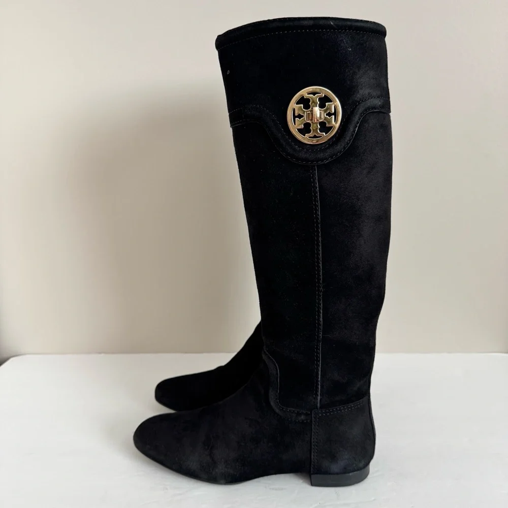 TORY BURCH Selma Black Suede Logo Riding Tall Boot Knee High size 5
